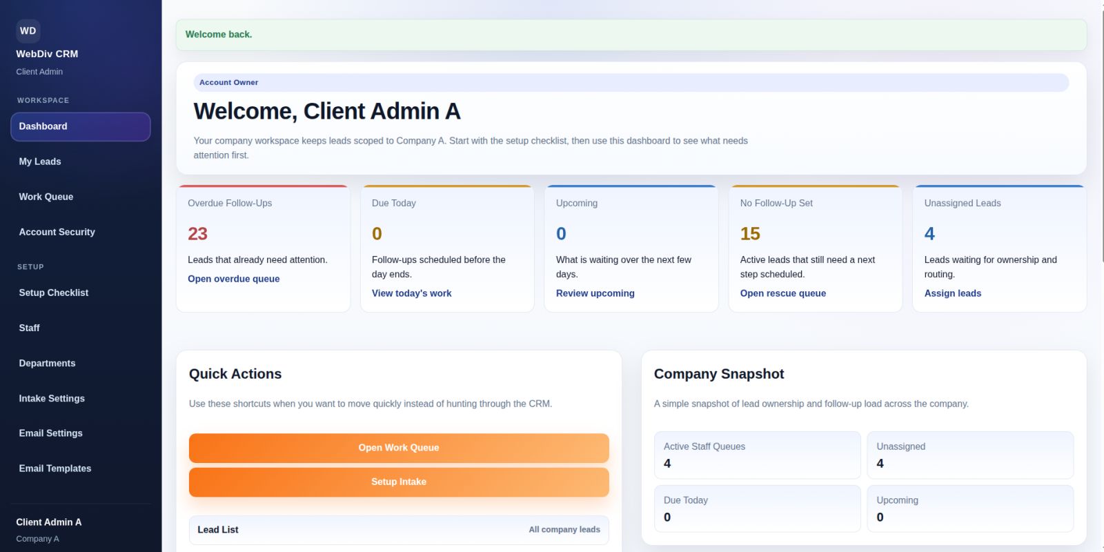 CRM dashboard showing lead tracking, follow-up reminders, and business lead management system 1