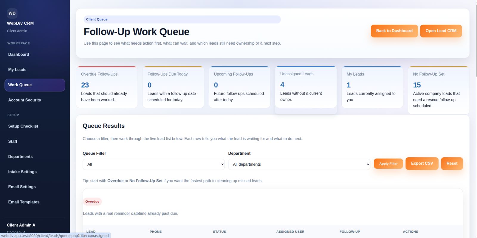 CRM dashboard showing lead tracking, follow-up reminders, and business lead management system 2